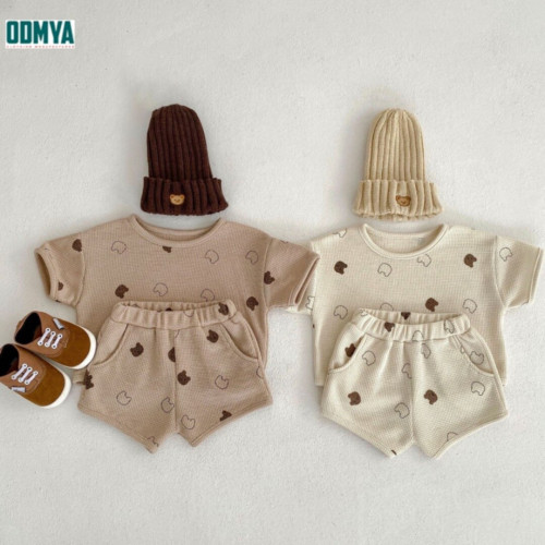 Cotton waffle cartoon bear print babysuit 