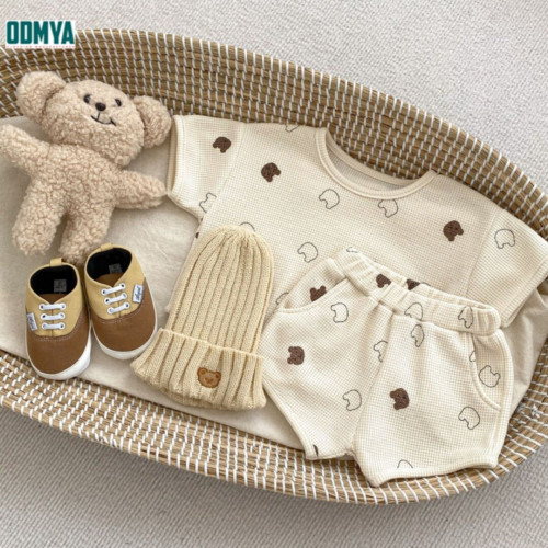 Cotton waffle cartoon bear print babysuit 