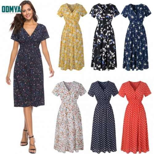 V-neck high waist floral soft summer women dress
