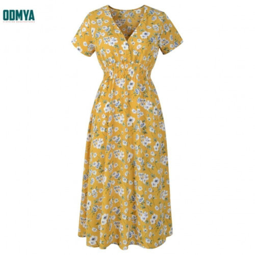 V-neck high waist floral soft summer women dress