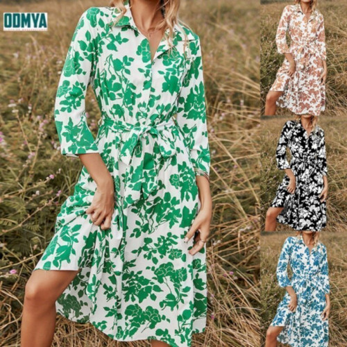 Spring and Autumn Polo Print Shirt Dress