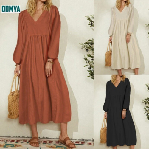 Loose fitting V-neck lantern sleeve pleated dress