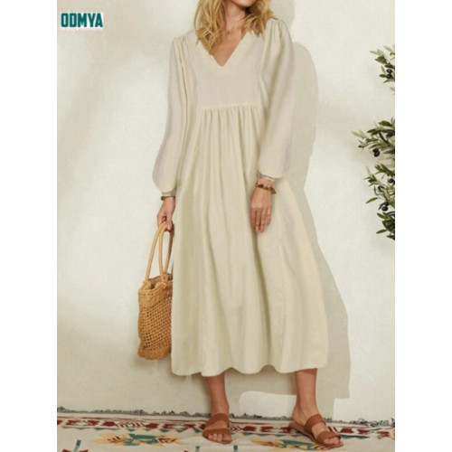 Loose fitting V-neck lantern sleeve pleated dress