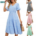 Summer New V-Neck Plaid Printed Pleated Dress Supplier