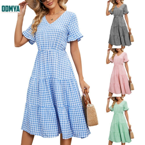 Summer new V-neck plaid printed pleated dress