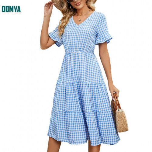 Summer new V-neck plaid printed pleated dress