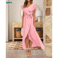 V-Neck Ruffle Lace Frenulum Dress Summer Women Long Dress Supplier