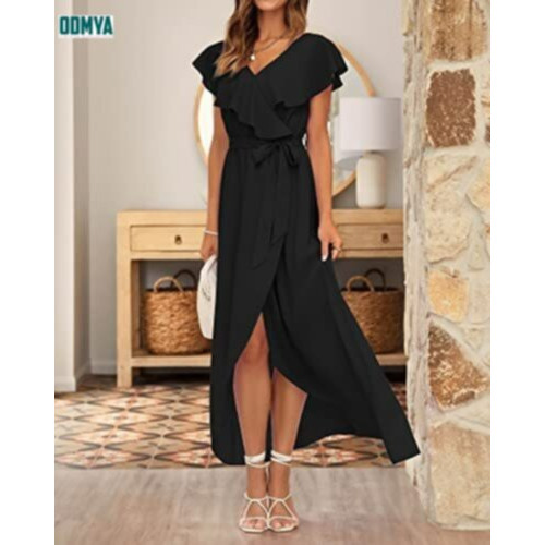 V-neck ruffle lace frenulum dress summer women long dress