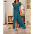 V-Neck Ruffle Lace Frenulum Dress Summer Women Long Dress Supplier
