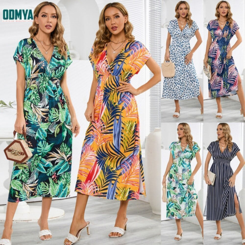 V-neck open back strapping summer print dress