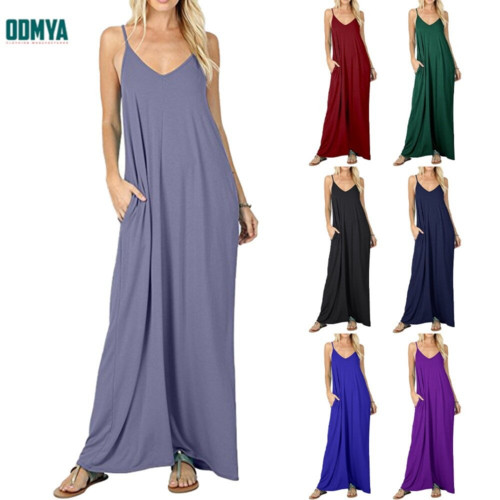 Solid color suspender vest loose longer dress