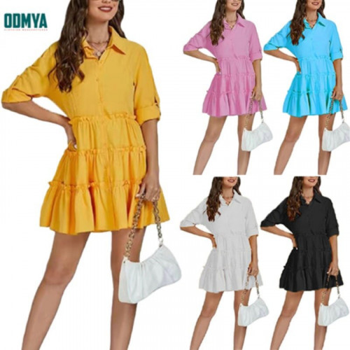 Shirt lapel long sleeve pleated summer women dress