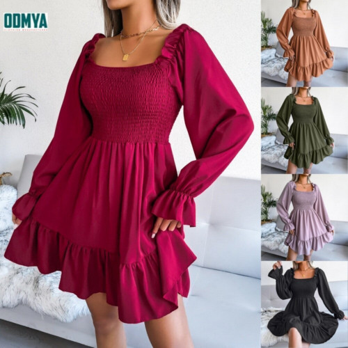 Square Neck Flare Long Sleeves Ruffle Dress