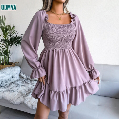 Square Neck Flare Long Sleeves Ruffle Dress