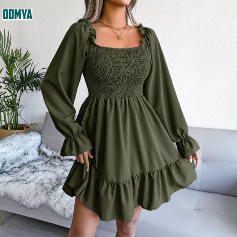 Square Neck Flare Long Sleeves Ruffle Dress Supplier