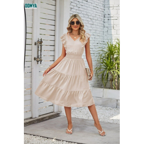 Summer Coloful Lace Sleeves V-neck Pleated Dress