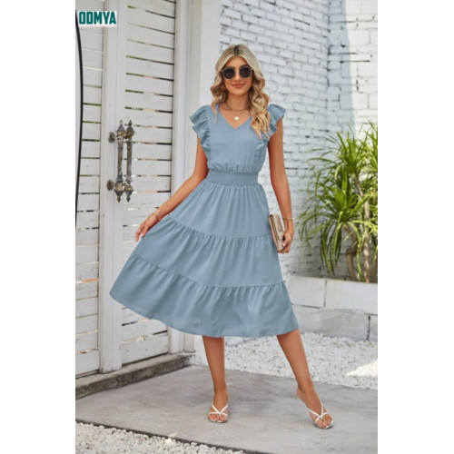 Summer Coloful Lace Sleeves V-neck Pleated Dress