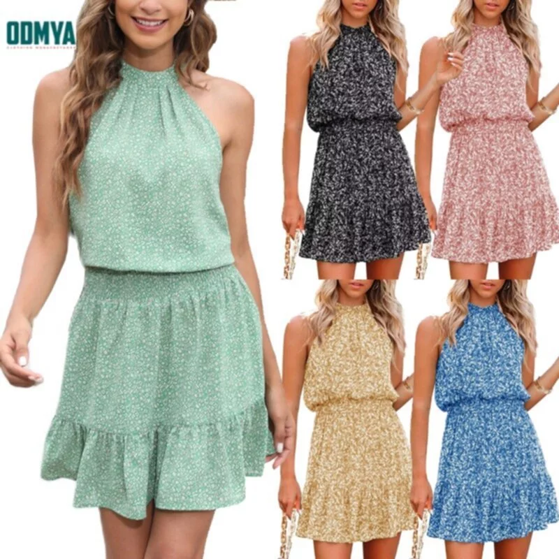 Halter Neck Printed Backless Dress With Pockets
