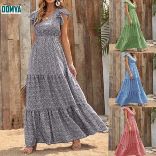 Summer Bohemian Style V-Neck High Waist Printed Panel Dress