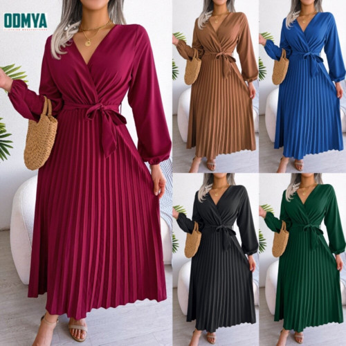 Pleated hem dress V-neck long sleeves dress