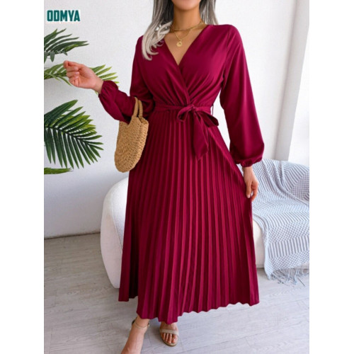 Pleated hem dress V-neck long sleeves dress
