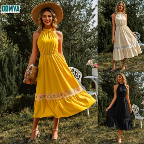 Summer Pure Color Sleeveless Neck Hanging Lace Dress