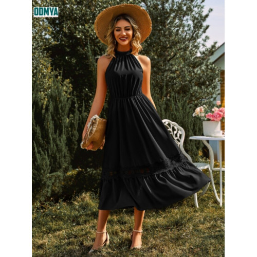 Summer Pure Color Sleeveless Neck Hanging Lace Dress