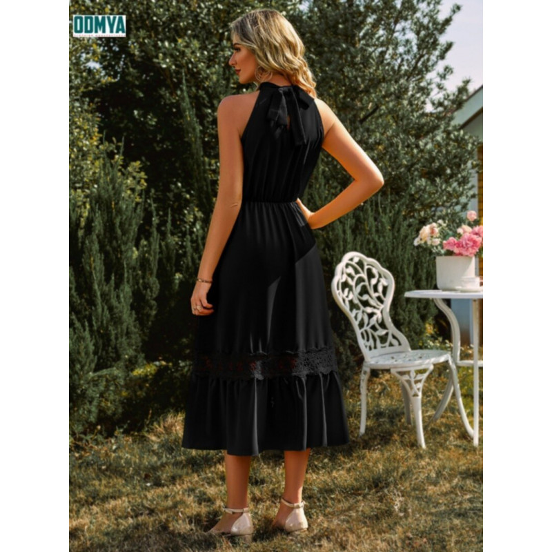 Summer Pure Color Sleeveless Neck Hanging Lace Dress Supplier