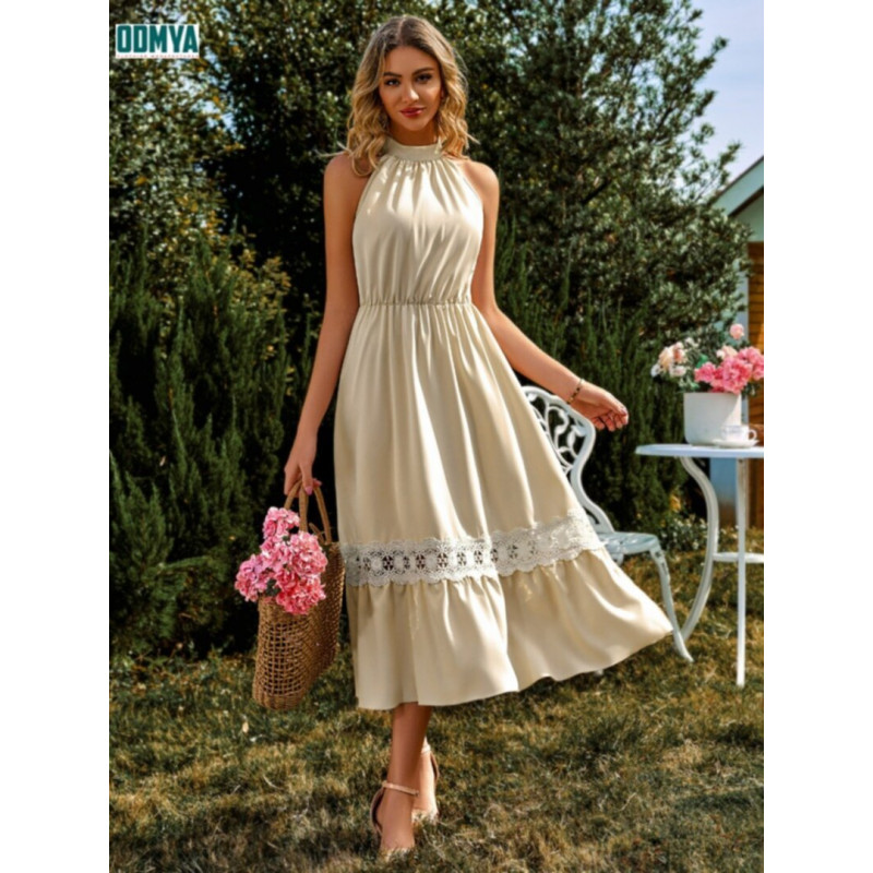 Summer Pure Color Sleeveless Neck Hanging Lace Dress Supplier