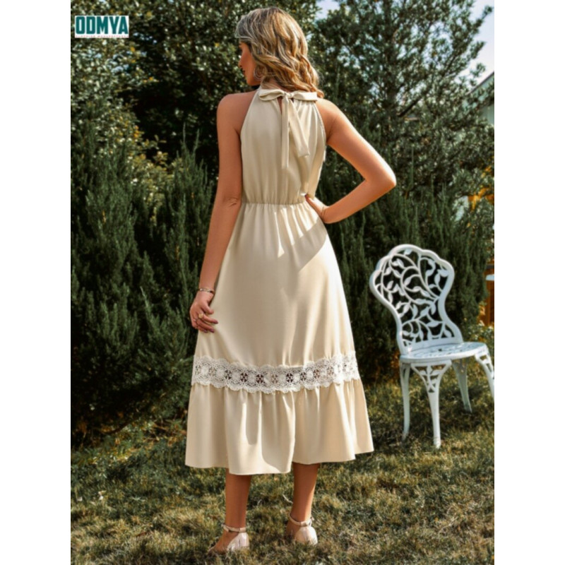 Summer Pure Color Sleeveless Neck Hanging Lace Dress Supplier