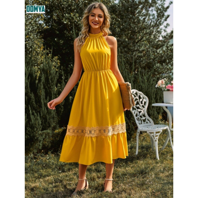Summer Pure Color Sleeveless Neck Hanging Lace Dress Supplier