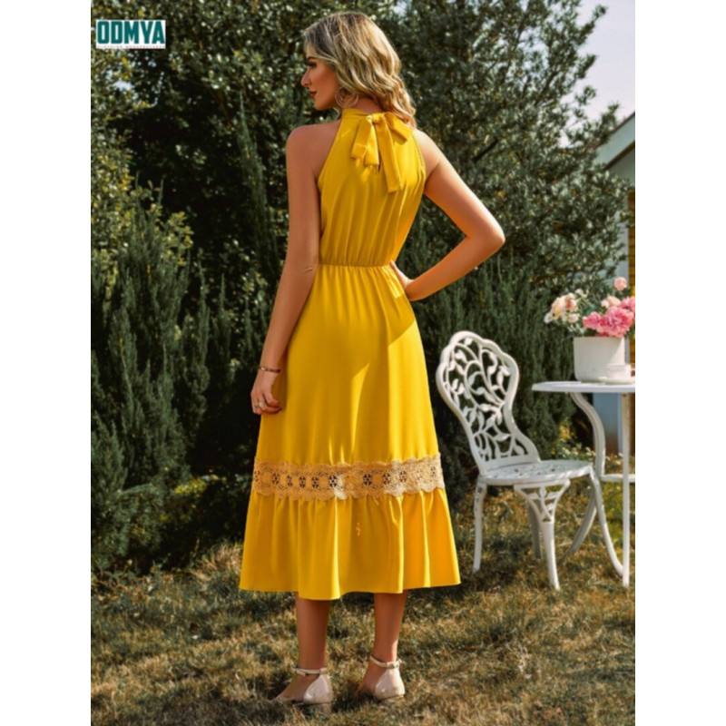 Summer Pure Color Sleeveless Neck Hanging Lace Dress Supplier