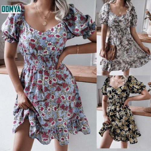 Square Neck Printed Elastic High Waist Dress