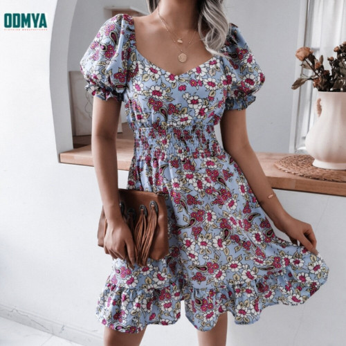 Square Neck Printed Elastic High Waist Dress