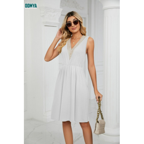 Summer Solid V-Neck Lace Panel Sleeveless Dress
