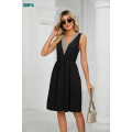 Summer Solid V-Neck Lace Panel Sleeveless Dress Supplier