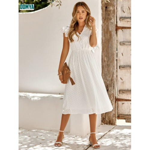 Summer Solid V-Neck Lace Short Sleeve Dress
