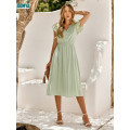 Summer Solid V-Neck Lace Short Sleeve Dress Supplier