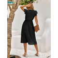 Summer Solid V-Neck Lace Short Sleeve Dress Supplier