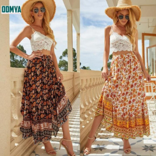 Bohemian style printed single breasted extended skirt