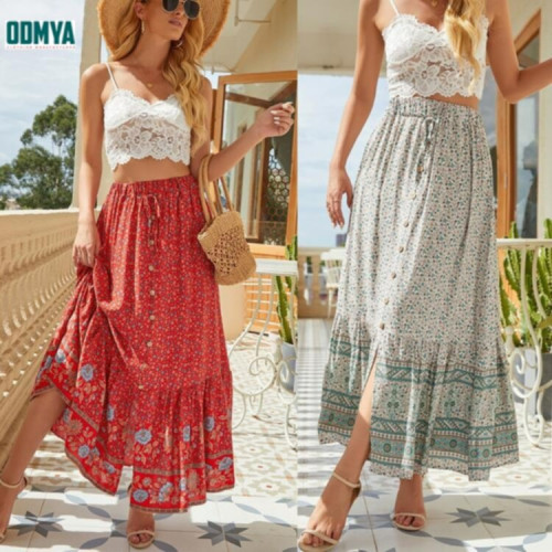 Bohemian style printed single breasted extended skirt