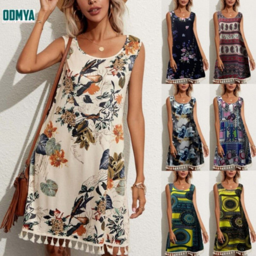 Fringe Printed Crew Sleeveless Summer Women Dress 