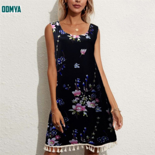 Fringe Printed Crew Sleeveless Summer Women Dress 