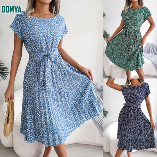 Summer New Casual Print Pleated High Waist Dress