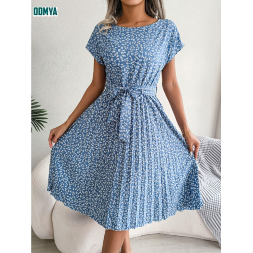Summer New Casual Print Pleated High Waist Dress