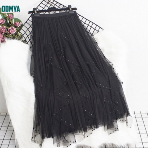 Spring and Autumn High Waist Beaded Mesh Skirt