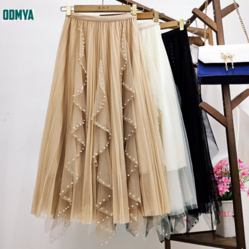 Spring and Autumn High Waist Beaded Mesh Skirt