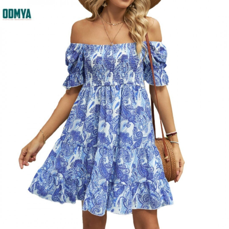 Summer Fashion Off Shoulder Print Short Dress Supplier