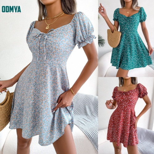 New floral square neck fitted high waist dress
