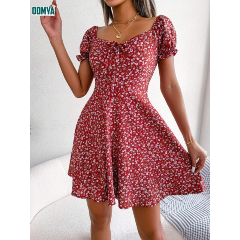 New Floral Square Neck Fitted High Waist Dress Supplier